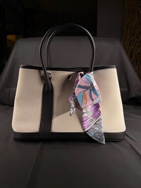 Elegant Black and Cream Tote Bag with Decorative Scarf